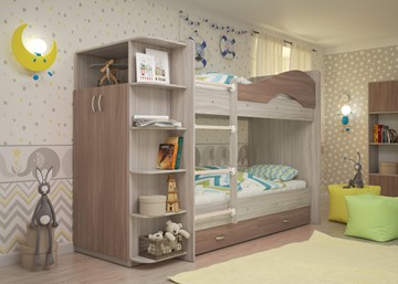 Двухэтажная детская кровать ТМК Мая на щитах со шкафом и ящиками, корпус Шимо светлый, фасад Шимо темный в Алматы
