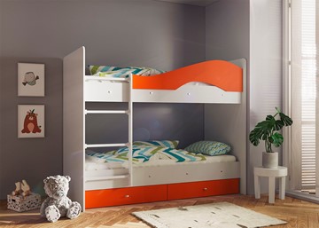 Двухъярусная детская кровать ТМК Мая с 2 ящиками на щитах, корпус Млечный дуб, фасад Оранжевый в Алматы