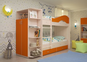Кровать 2-ярусная Мая на щитах со шкафом и ящиками, корпус Млечный дуб, фасад Оранжевый в Алматы