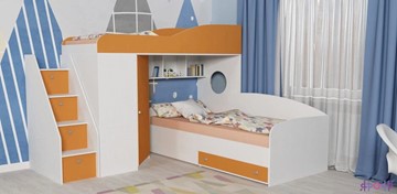 Детская кровать-шкаф Кадет-2 с универсальной лестницей, корпус Белое дерево, фасад Оранжевый в Алматы
