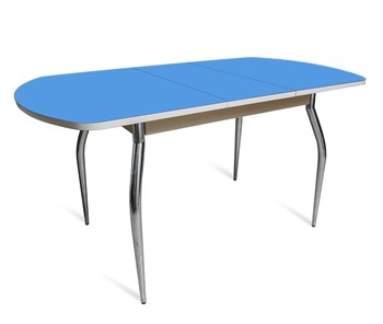 Кухонный раздвижной стол ПГ-01 СТ2, дуб молочный/синие стекло/35 хром гнутые металл в Алматы